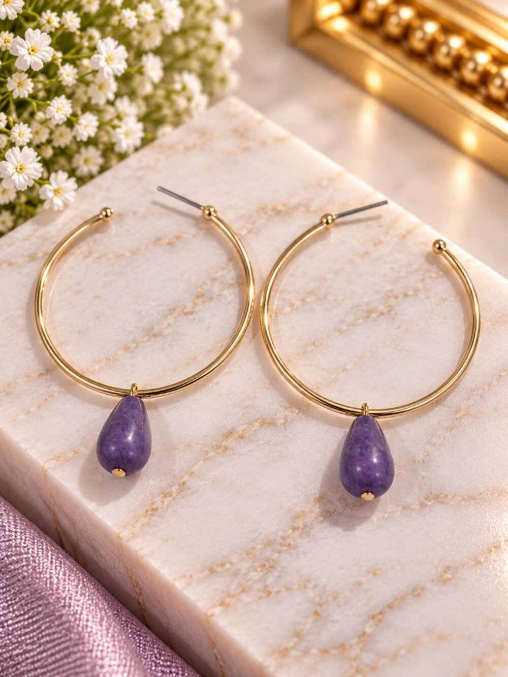 Gold Tone Hoop Earrings w/ Purple Teardrop Bead Dangles - Women Fashion Jewelry